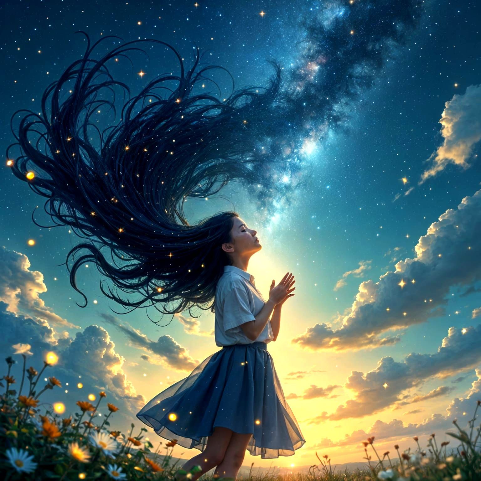 Girl Praying Under Starry Sky in Digital Painting