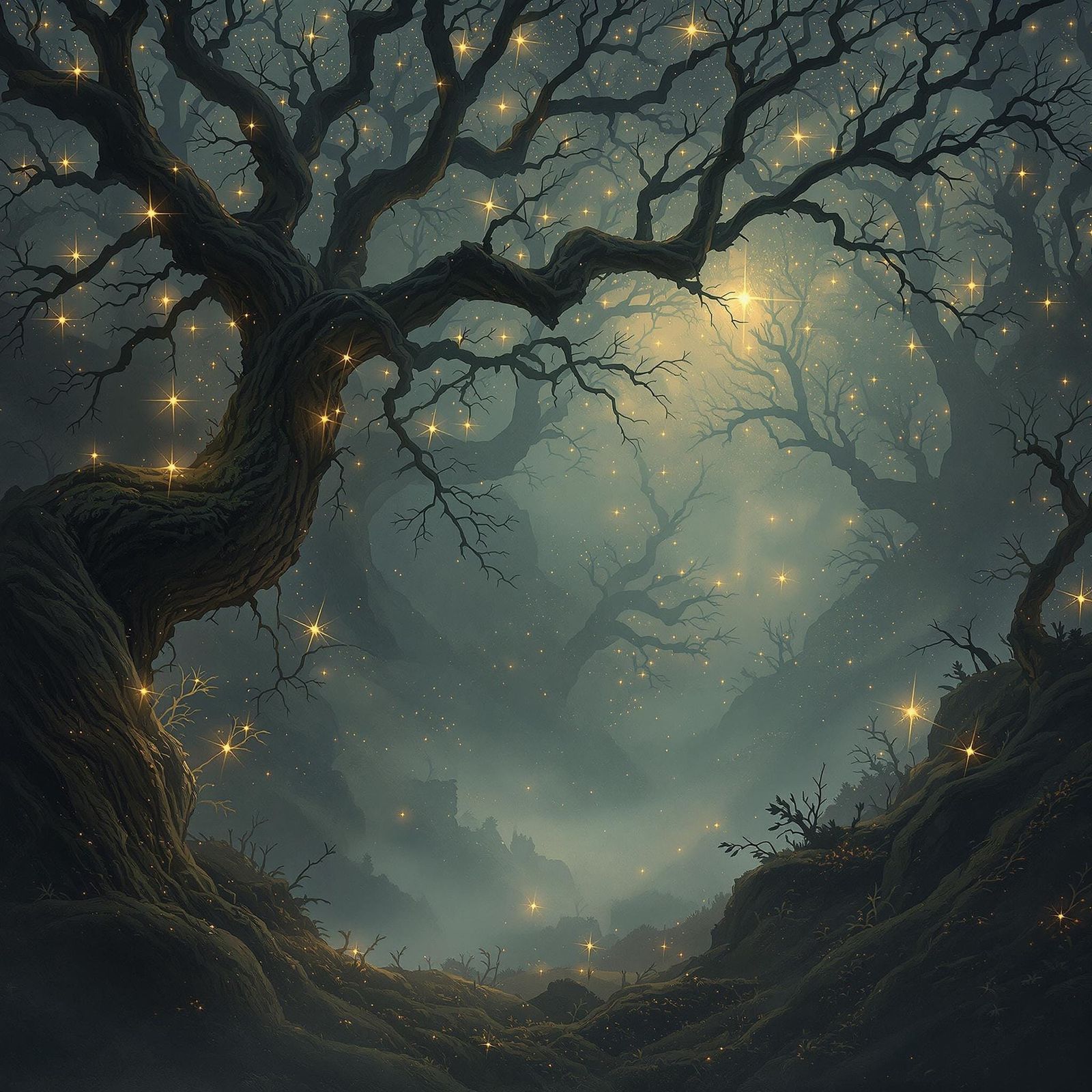 Ethereal Forest with Whispering Stars, Dreamlike Ambiance