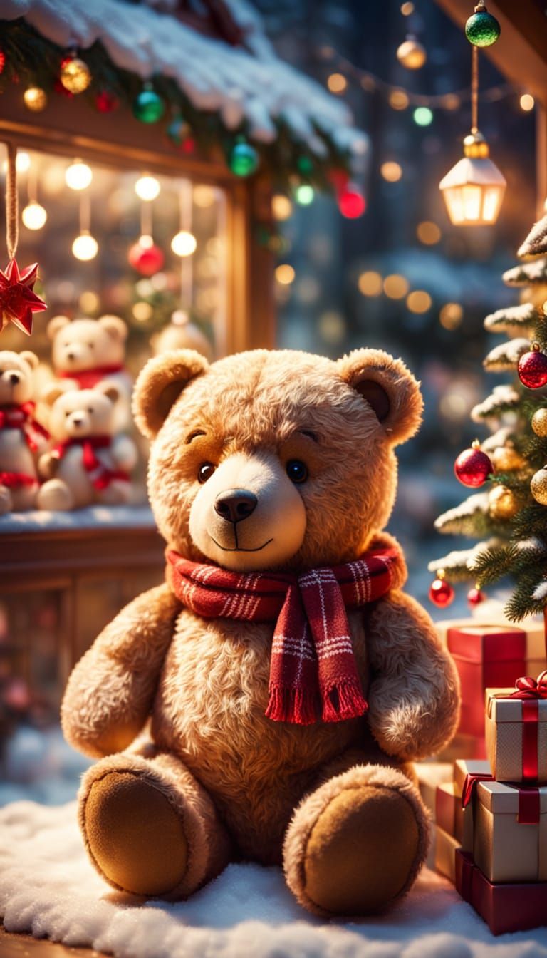 Warm Winter Wonderland Scene with Teddy Bear and Christmas D...