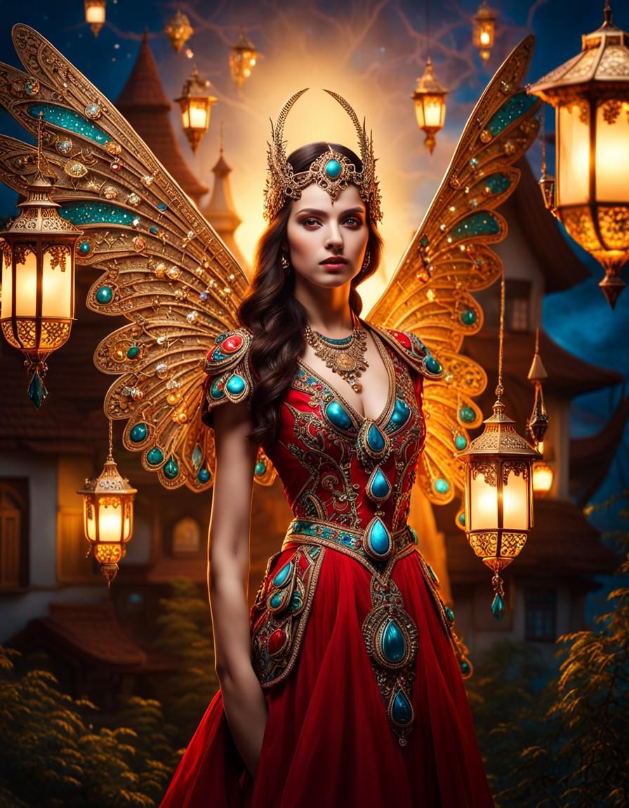 Ornate Winged Model in Pixie Village, Hyperrealistic Photogr...