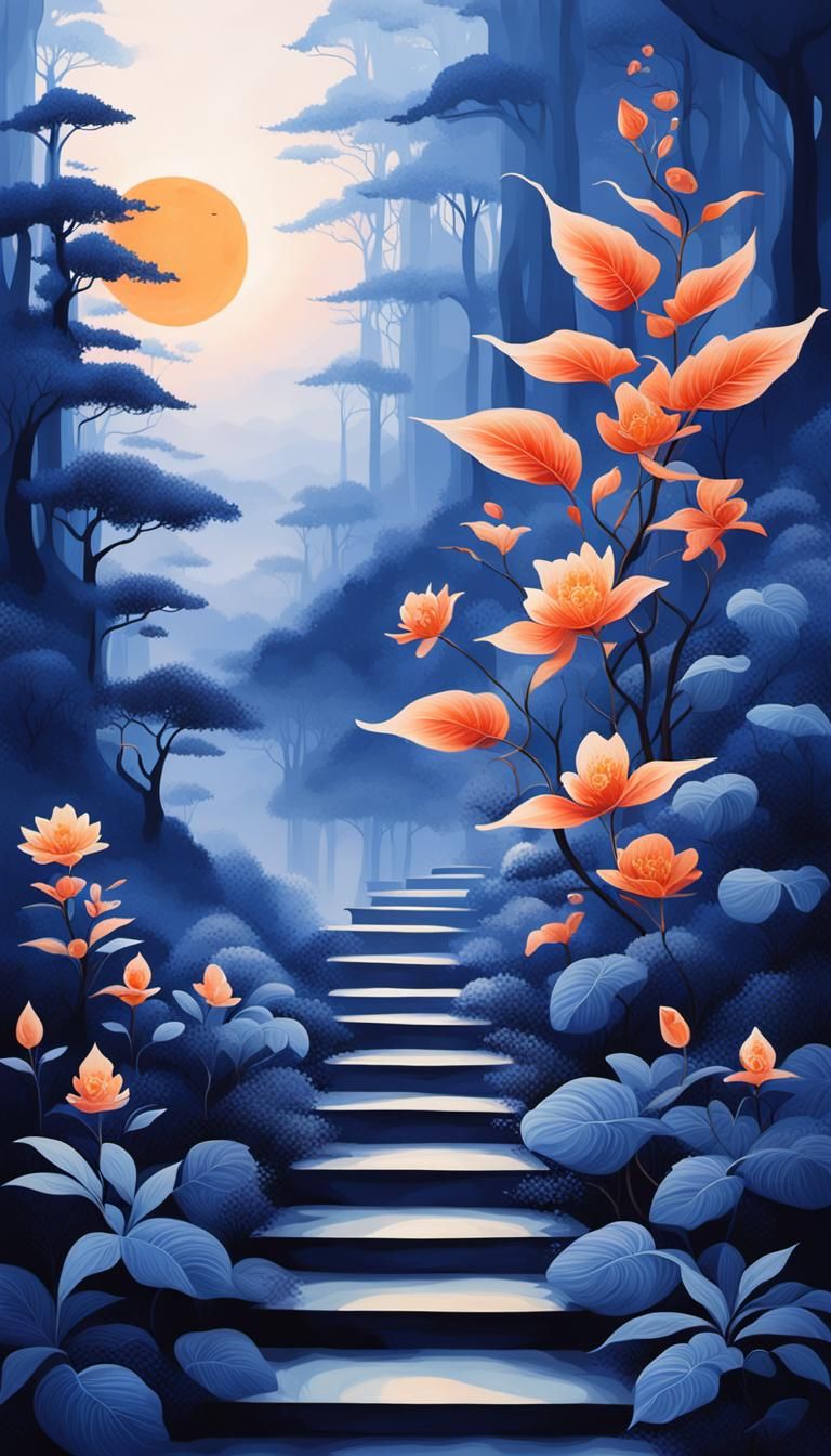 Surreal Oriental Staircase in Ethereal Sunrise