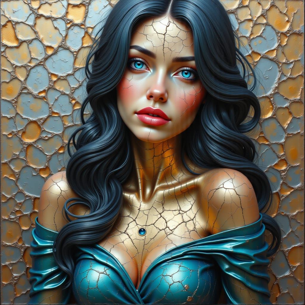 Woman of Cracked Metal in Flowing Blue and Green Dress