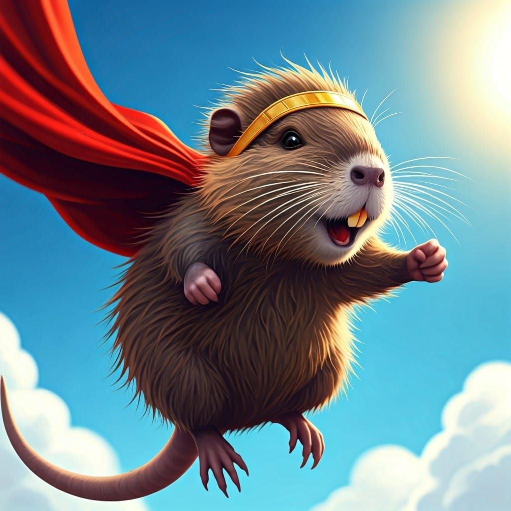 Adorable Nutria Superhero Soars Through Vibrant Skies