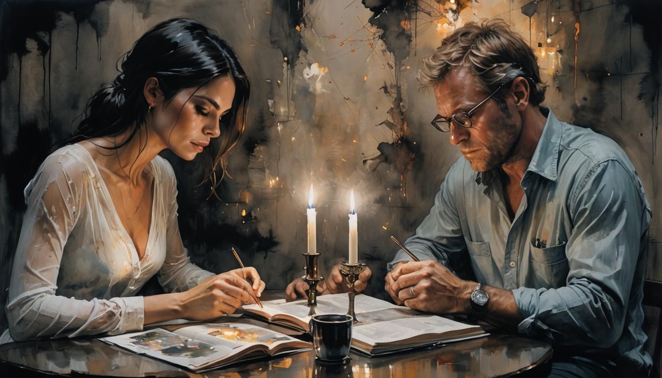 Two People Reading in Candlelight, Surreal Alcohol Ink Art