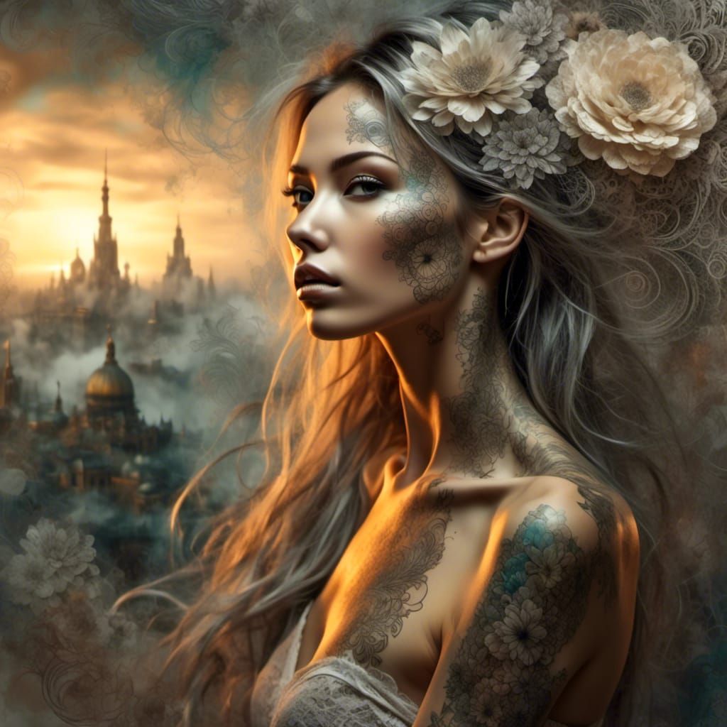 Woman with Lace Flowers and Silver Mist