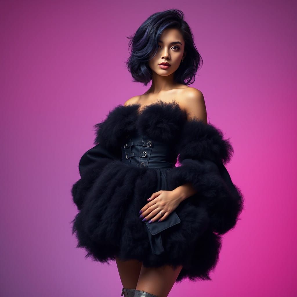 Confident Female Model in Rich Plum and Indigo Hues