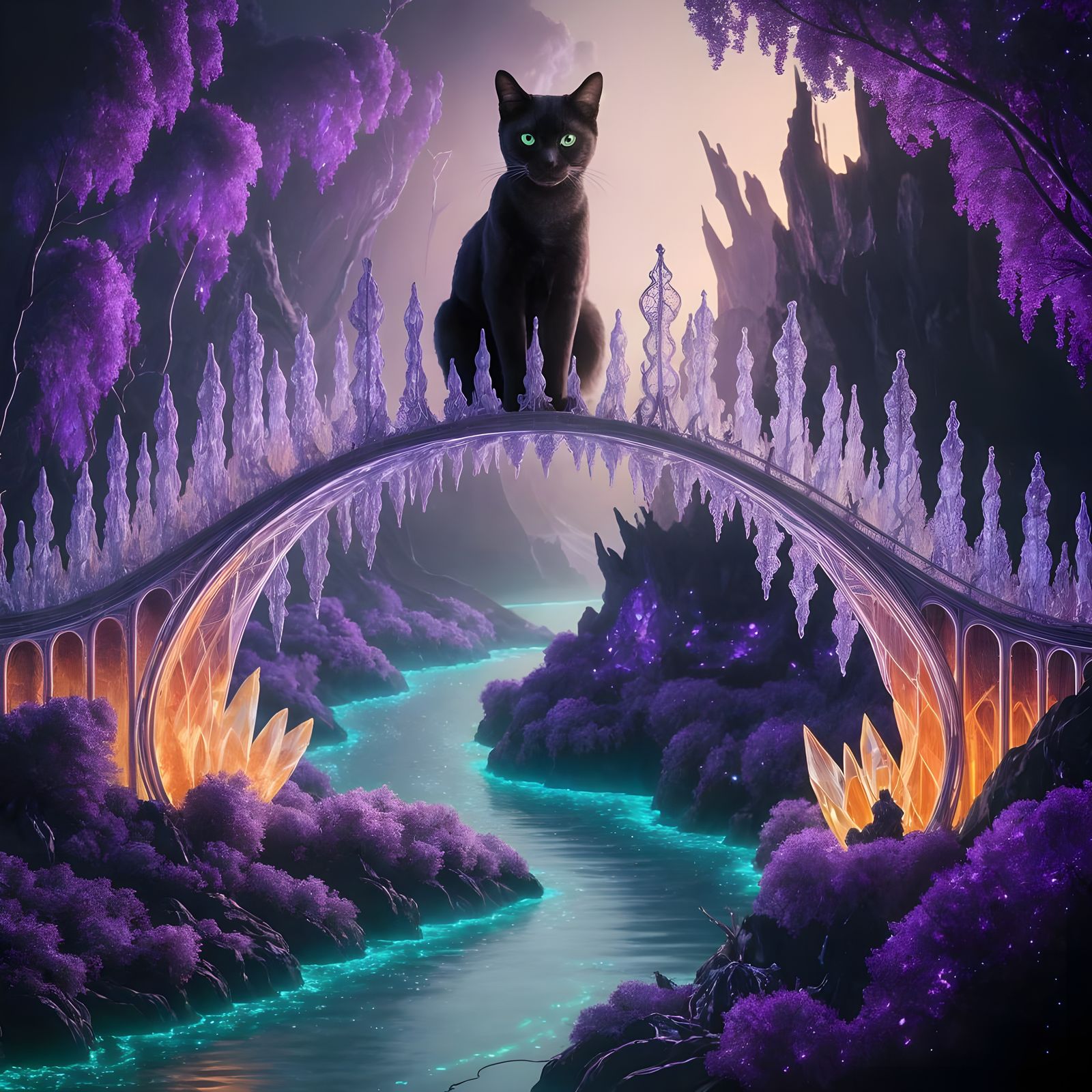 Sleek Black Cat Reigns Over Majestic Crystal Bridge in Biolu...