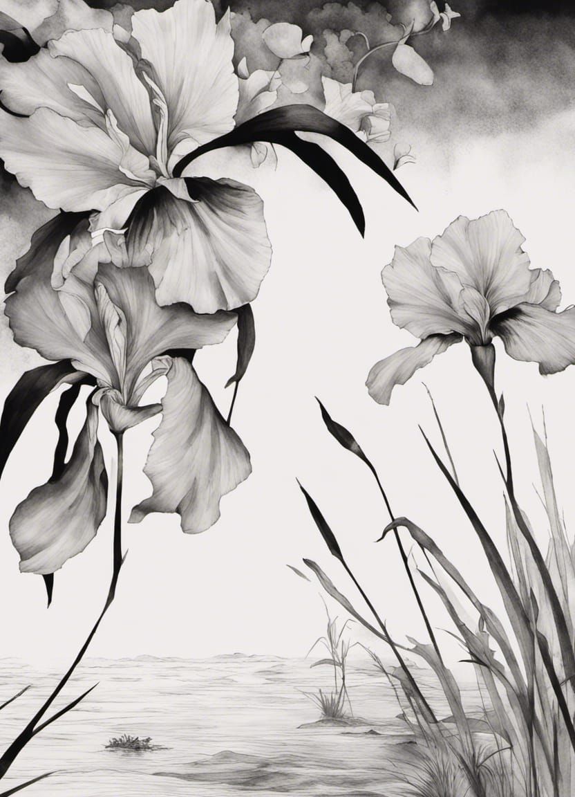 Irises - black canvas Ippitsugaki, Japanese calligraphy art, Line Painting,