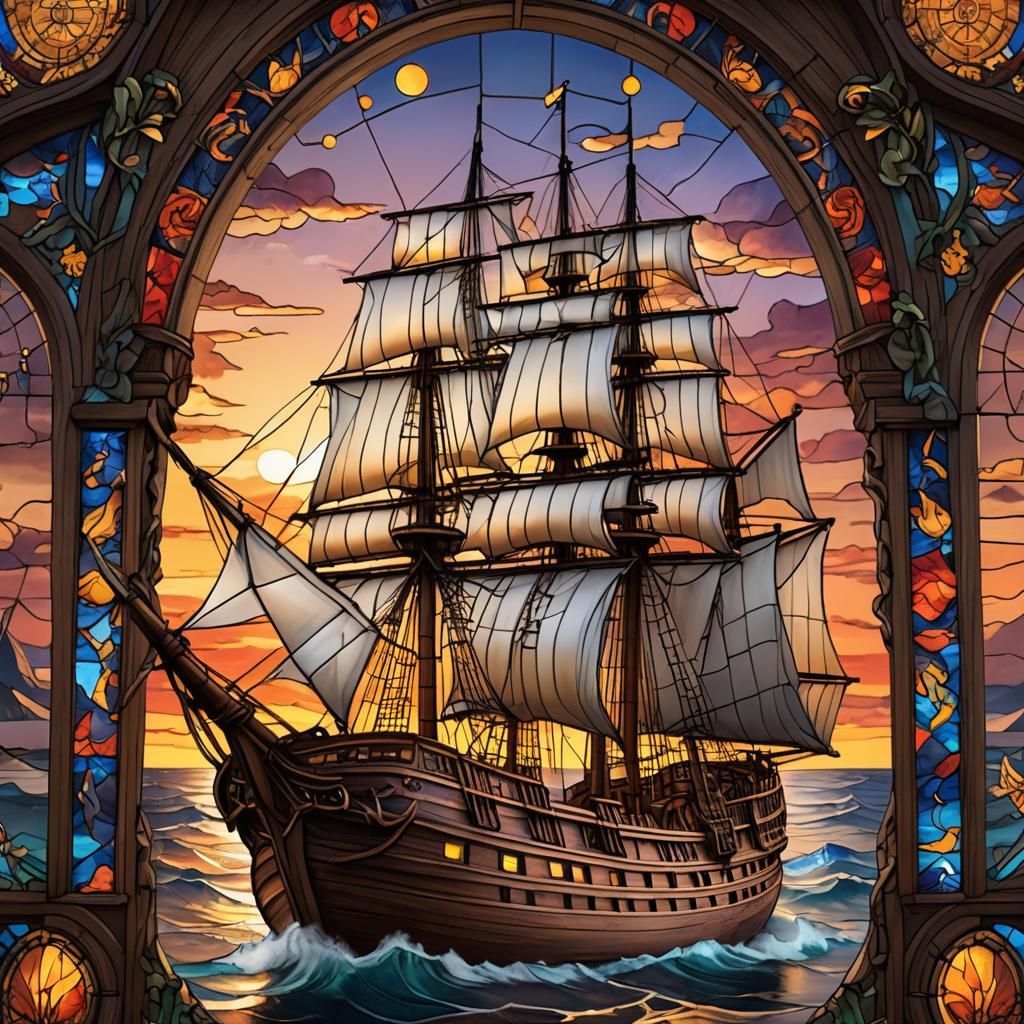 Stained Glass Sailing Ship at Sunset