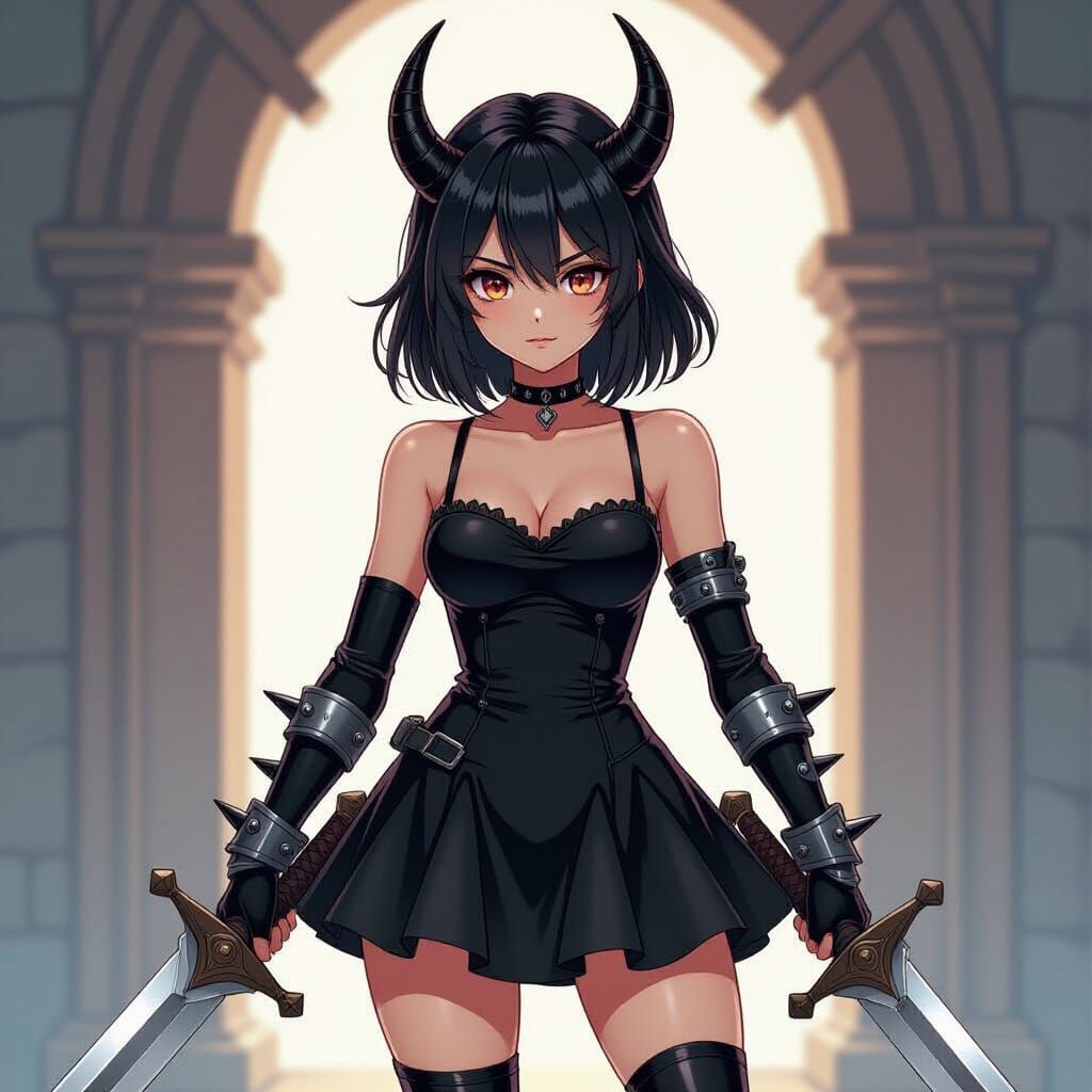 Emo Warrior Woman with Horns and Spikes in Anime Style