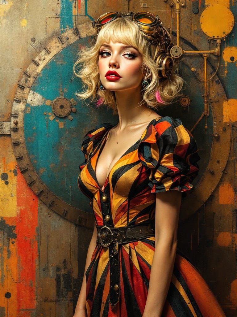 Steampunk Pin-Up Girl with Vibrant Stripes
