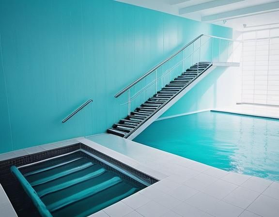 Liminal Space with Cyan Pools and Spiral Stairway