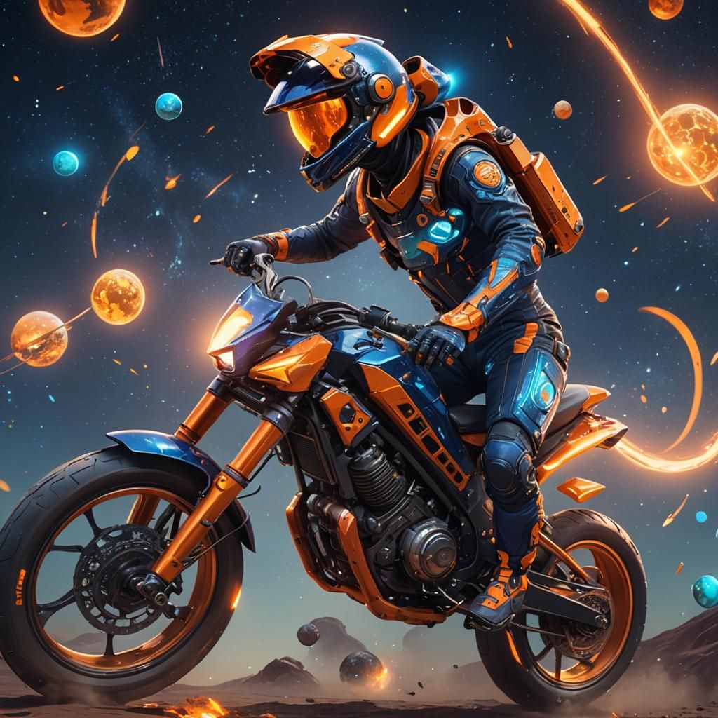 Futuristic Boy Rides Glowing Bike in Galaxy
