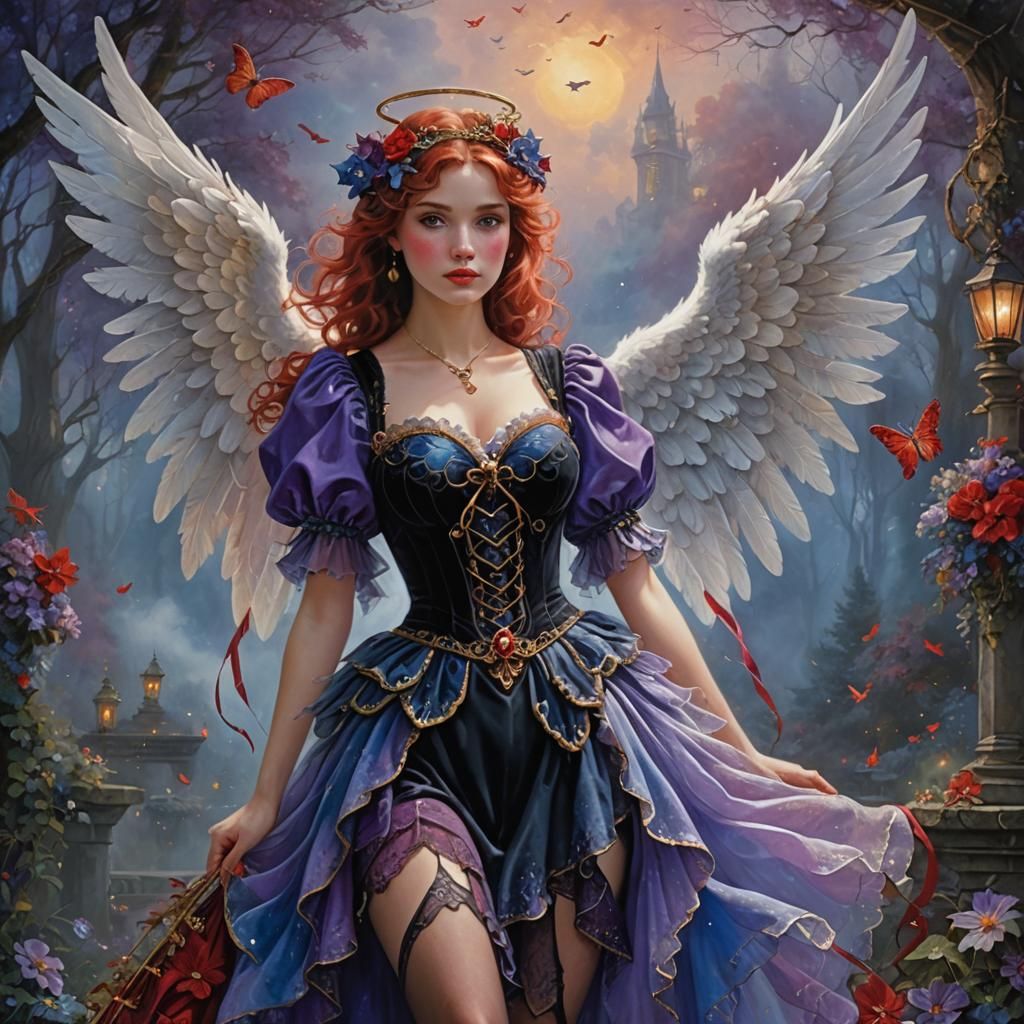 Ethereal Angel with Velvet Gloves in Dreamy Landscape