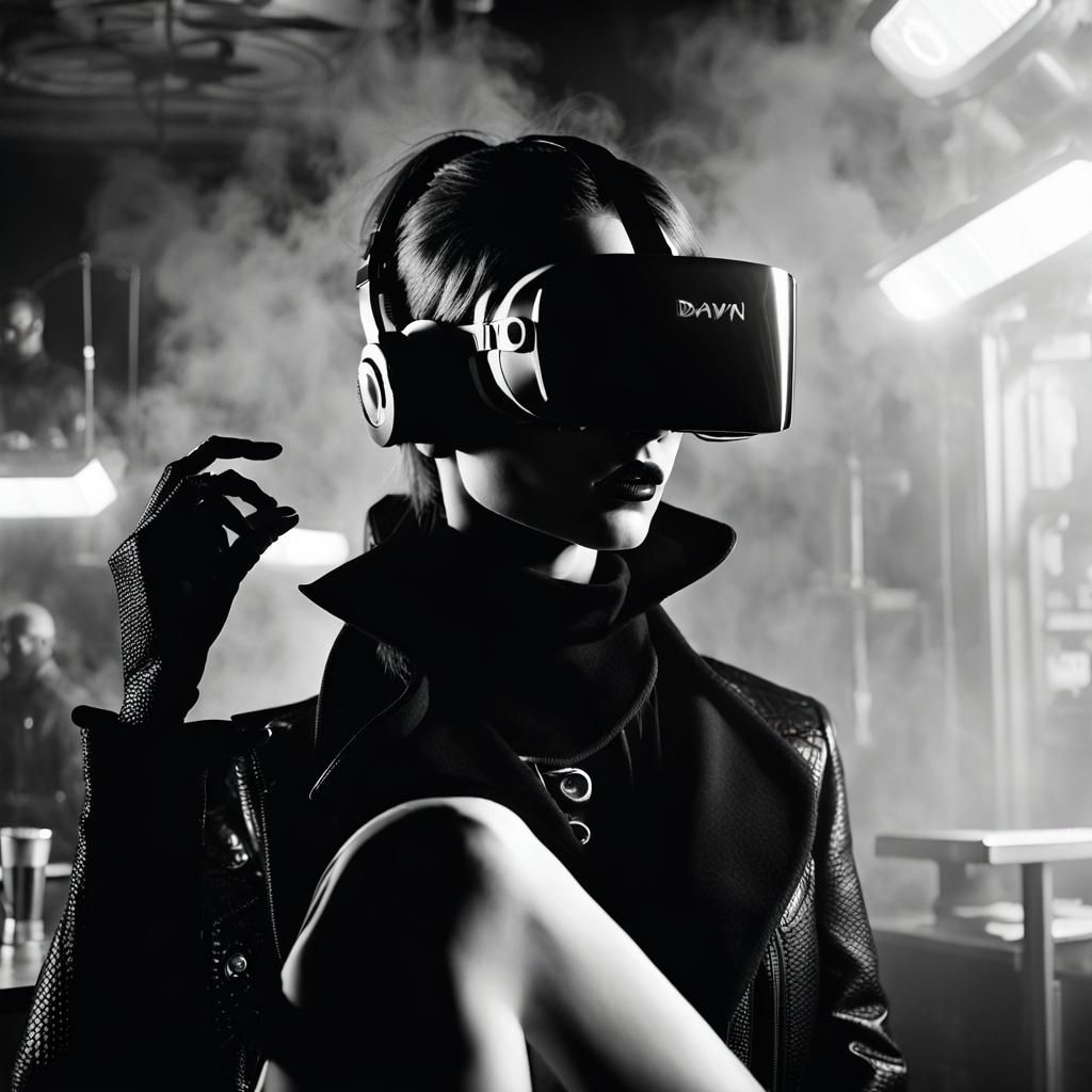 Futuristic Goth Model in VR, Black and White Photography