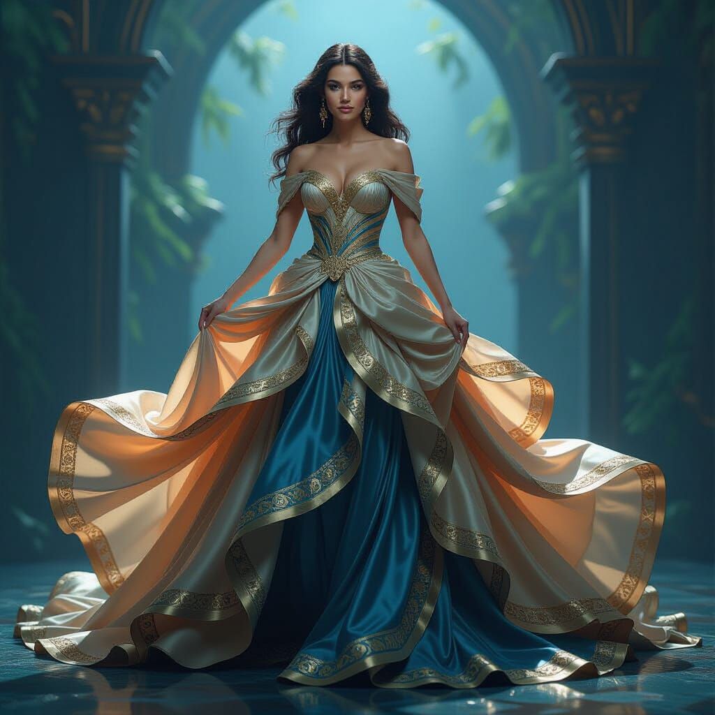 Woman in Flowing Gold and Blue Gown as Fantasy Art