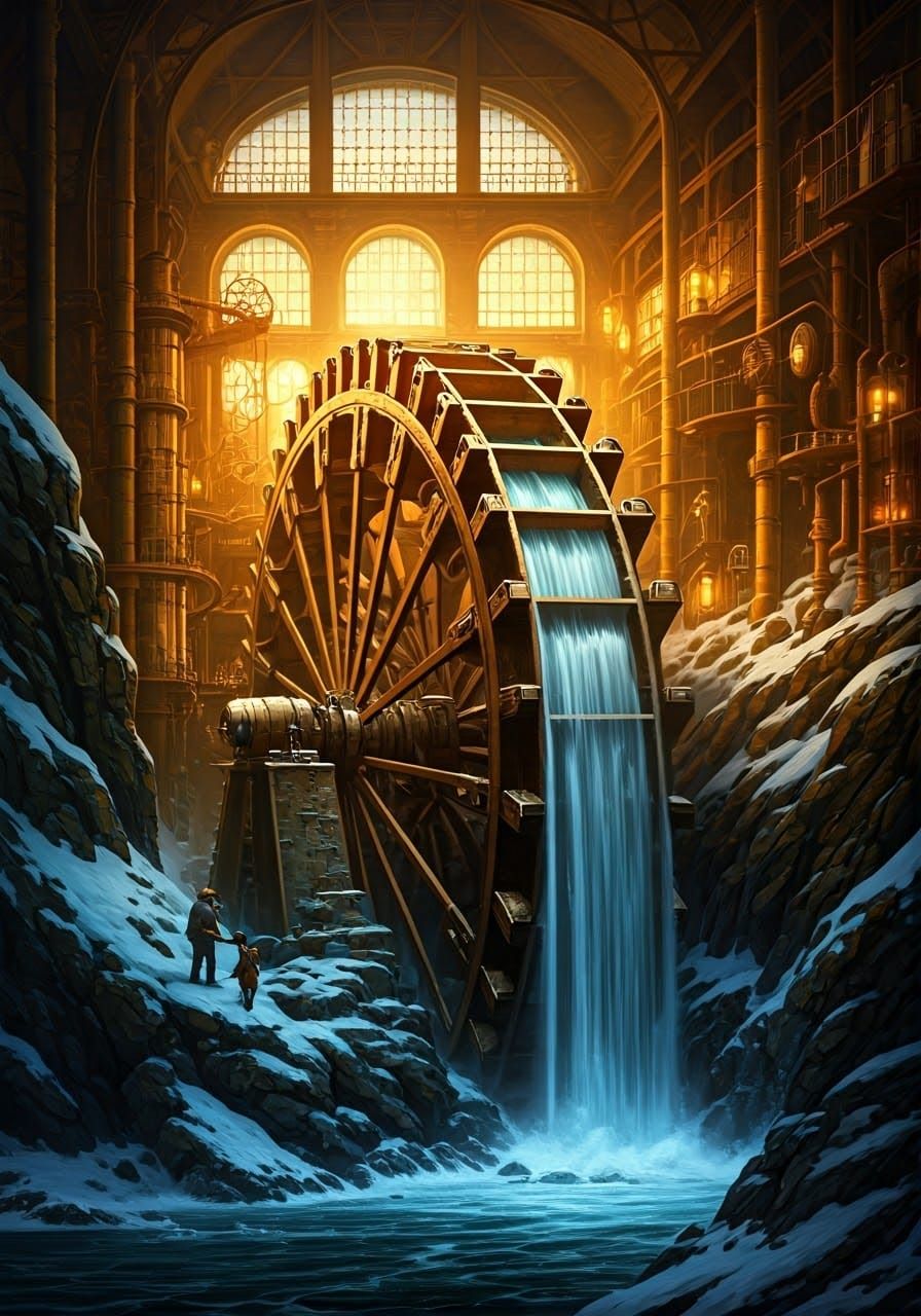 A BIG steampunk waterwheel automaton stands proudly on a roc...