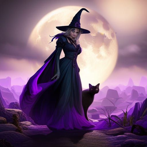 Enchanting Witch and Black Cat Fantasy Art