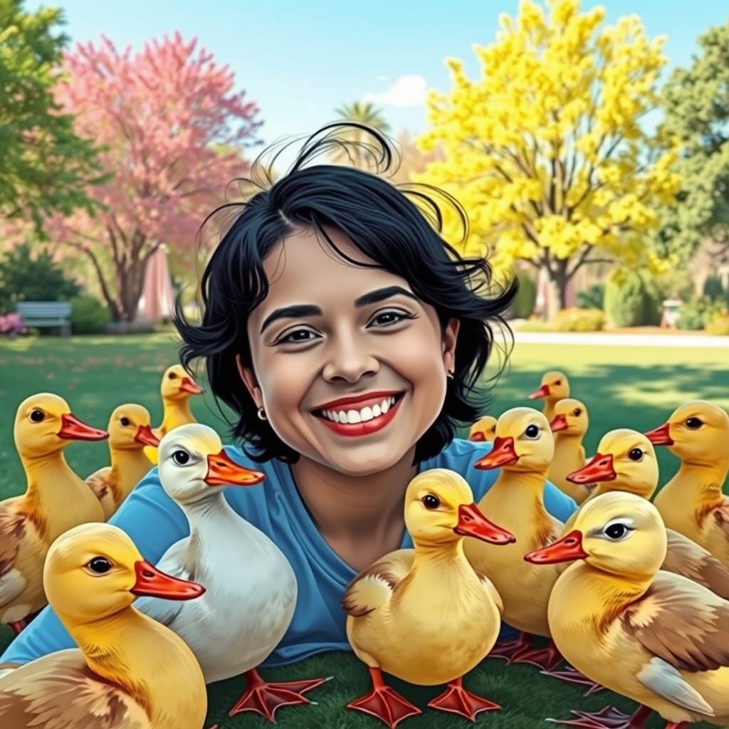 Woman Surrounded by Playful Ducks in a Whimsical Park