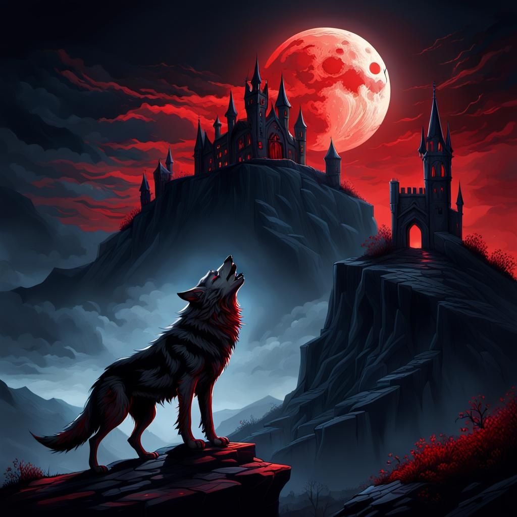 Gothic Wolf Howling at Blood Moon