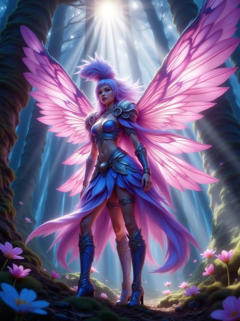 Anime Female winged fairy warrior pink, blue with lavender set in a dimly lit forest sun rays hazy. <lora:Treehouse Fant...