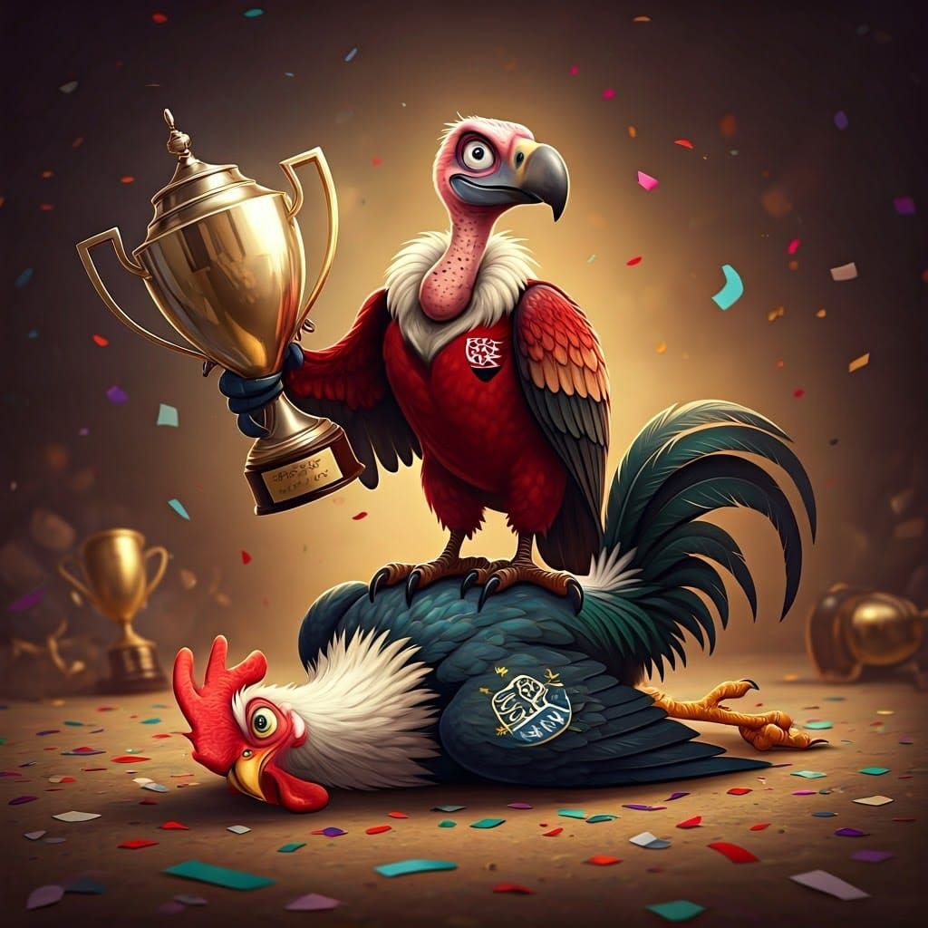 Pixar-Style Vulture Triumphant Over Rooster