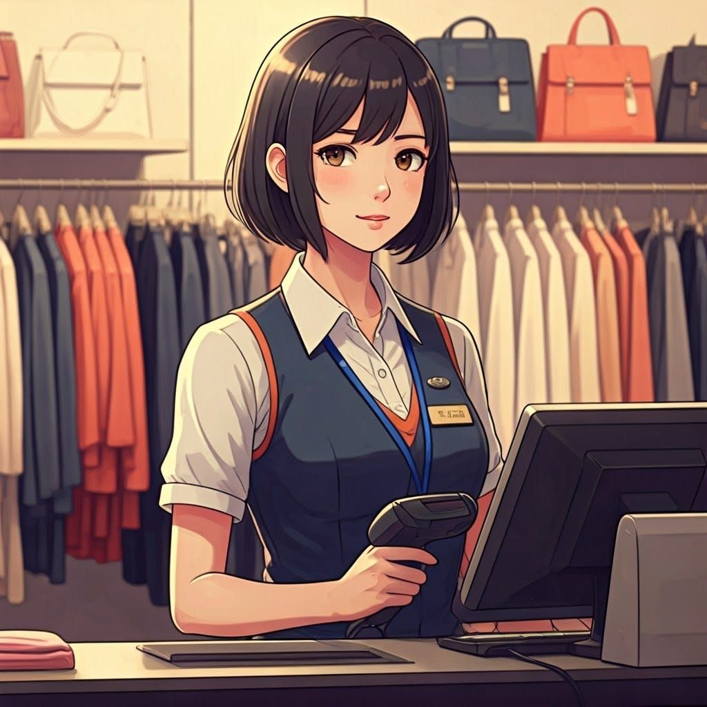 Dedicated Cashier in a Bustling Clothing Store
