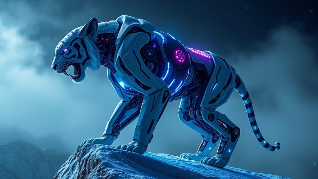 Cybernetic White Tiger on Snowy Cliff in Cyberpunk Style