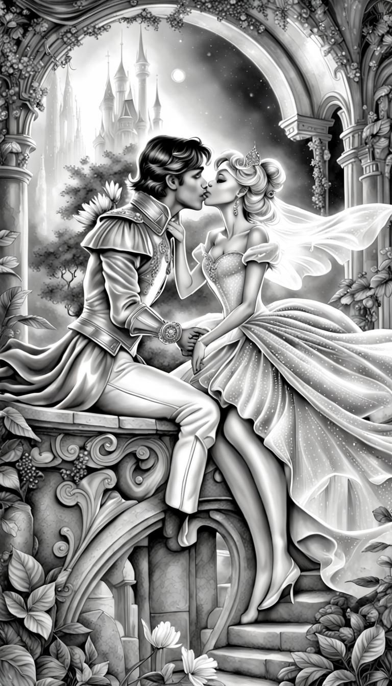 Cinderella Kissing the Prince: Black and White Illustration