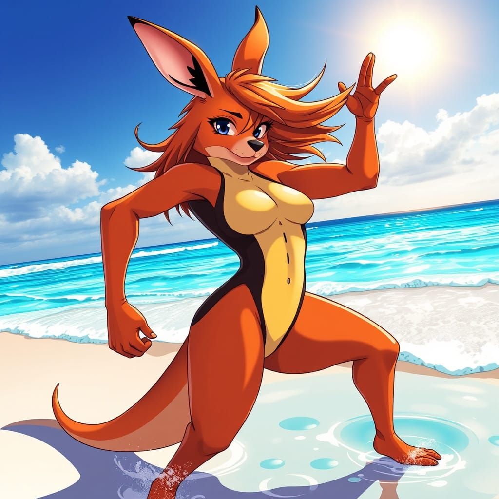 Heroic Female Kangaroo in Anime-Style Beach Scene