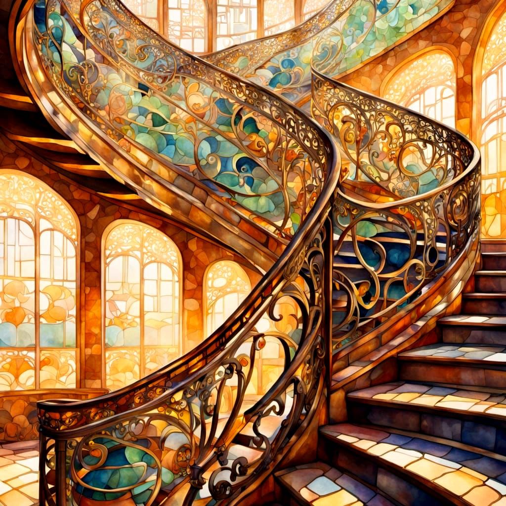 Art Nouveau Staircase in Gaudi Style, Watercolor