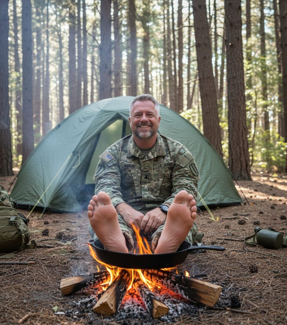 Smiling Barefoot Soldier Cooks in Camp