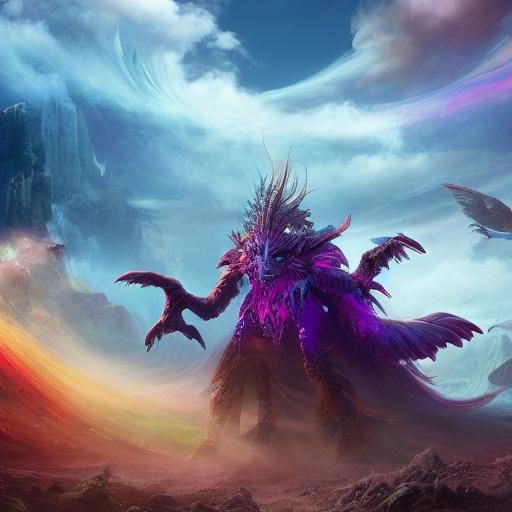 Rainbow Cloud Creature in Dreamlike Landscape