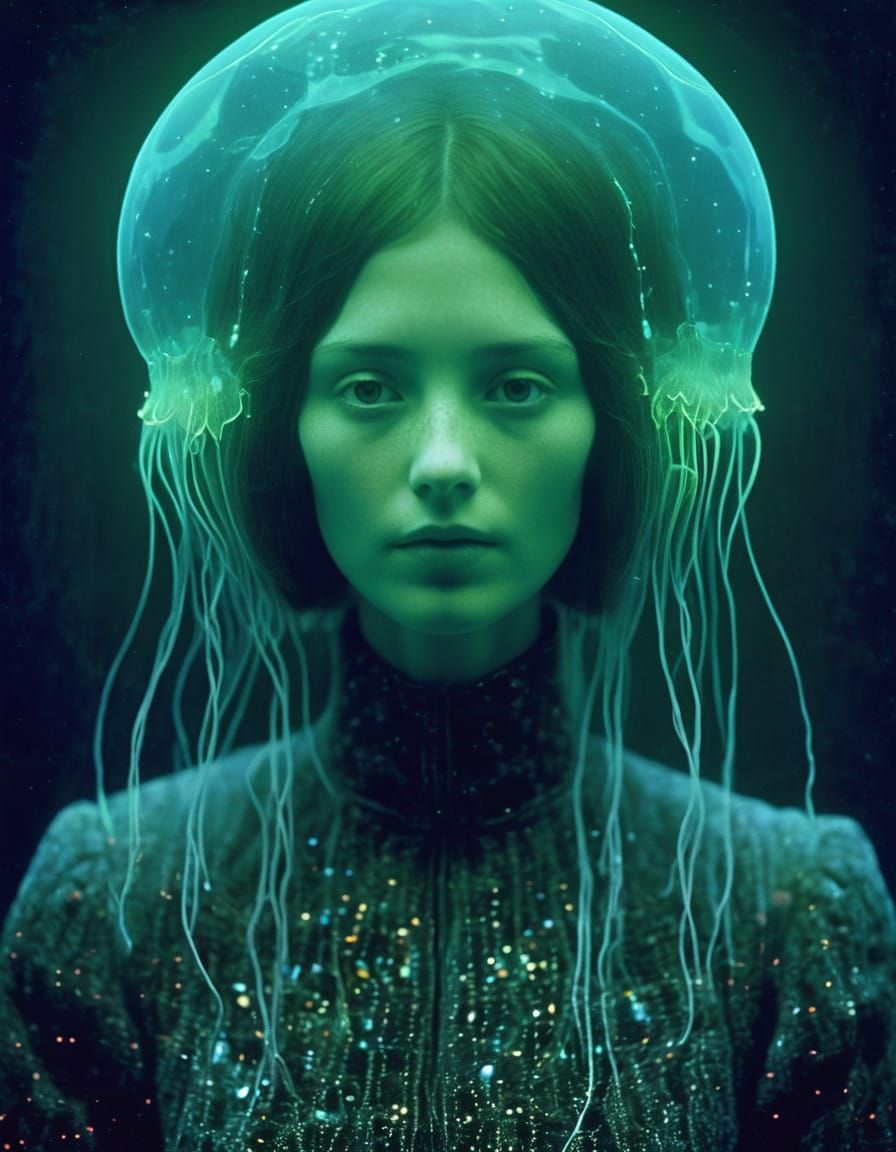 Ghostly Woman in Neon Geometric Abstract