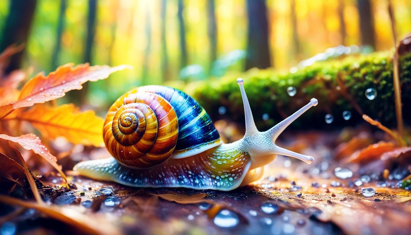 Impressionist Racing Snail Portrait with Dew Drops