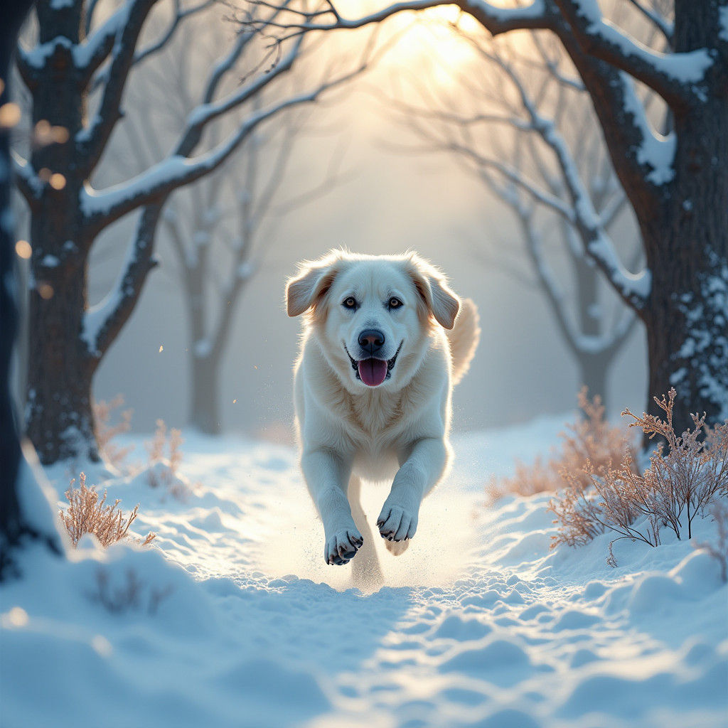 Labrador Runs Through Snowy Forest: Concept Art