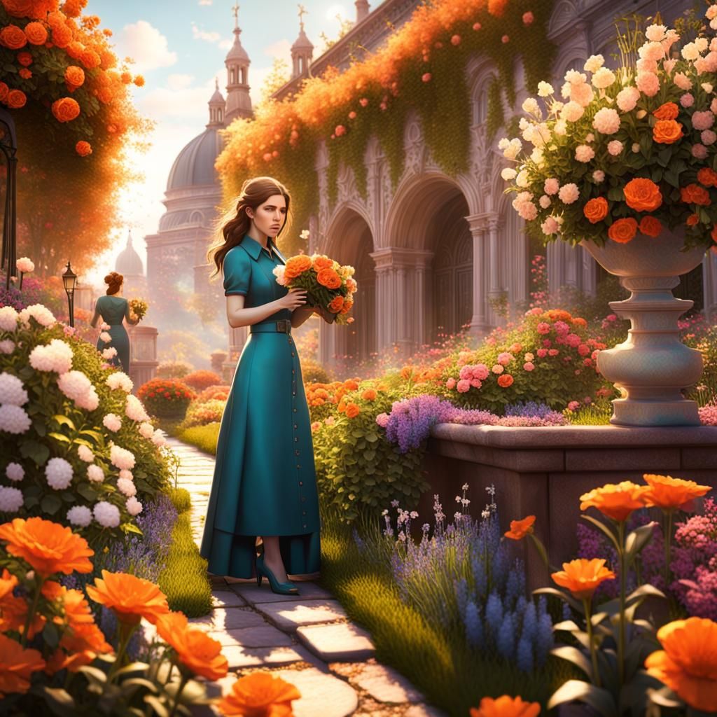 Hyperrealistic Woman Gardening: Intricate Detail, Dynamic Li...