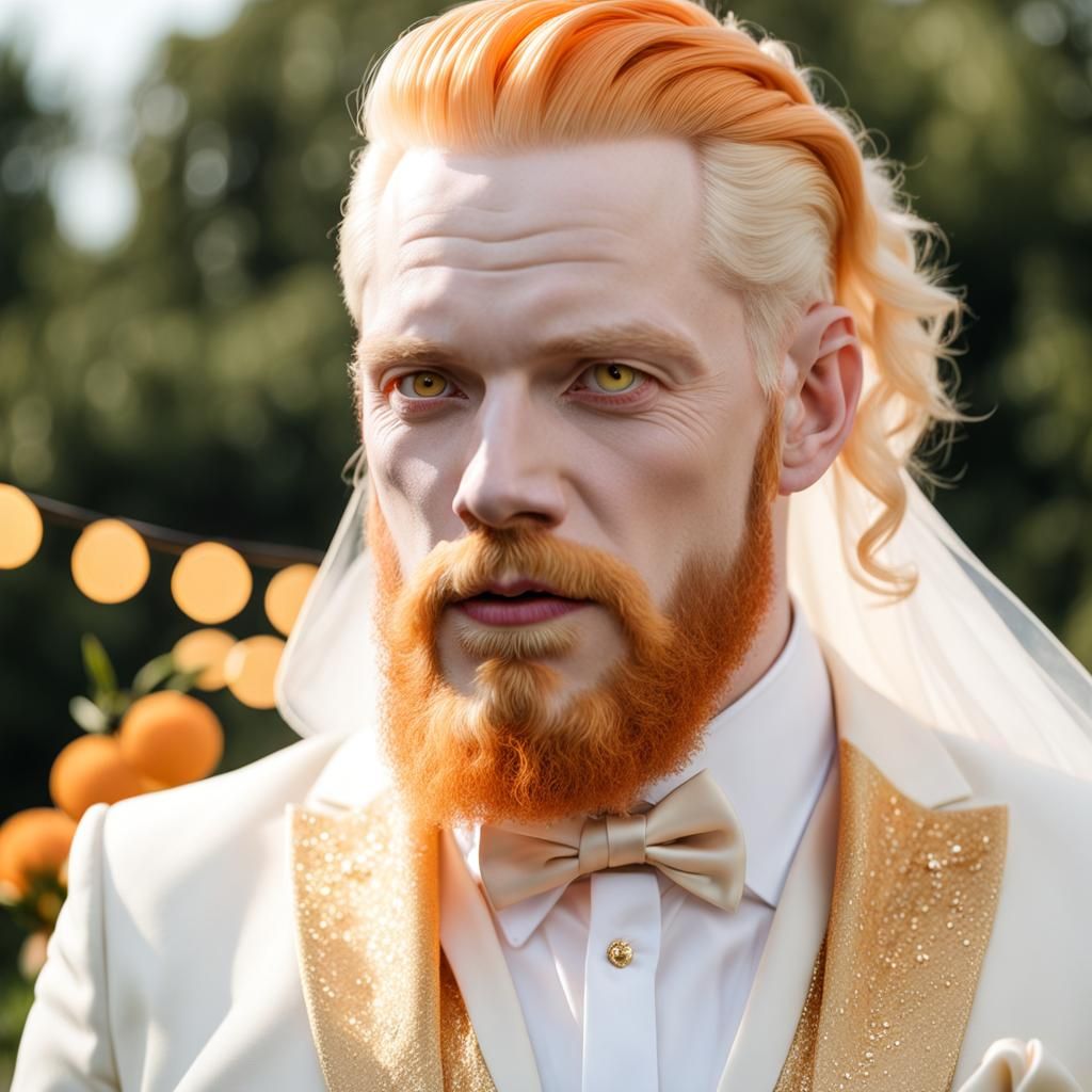 Photorealistic Albino Man in Golden Tuxedo Portrait