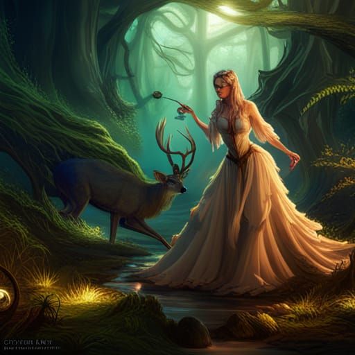 Fairy Woman and Deer in Enchanted Forest