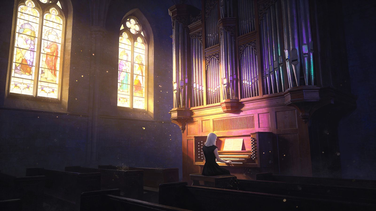 Woman Playing Organ in Dim Church Sanctuary