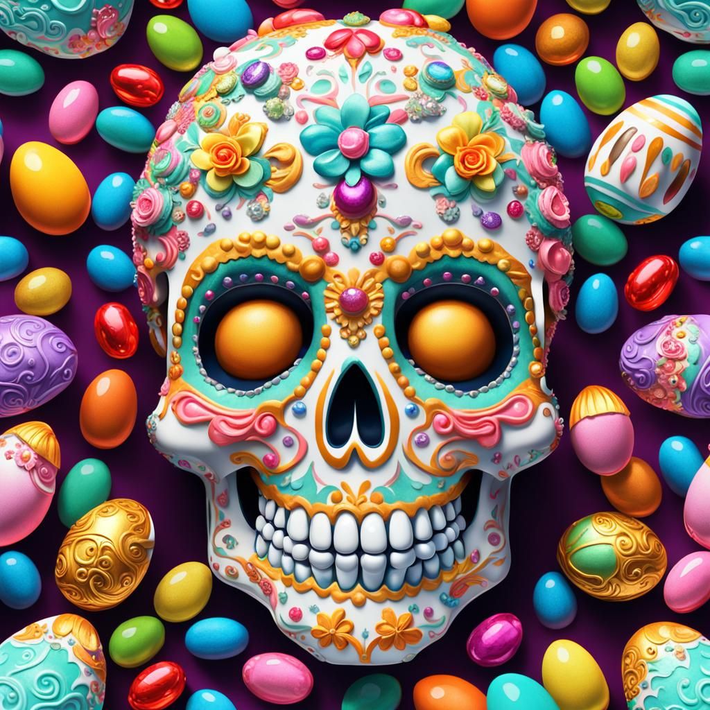 Whimsical Sugar Skull with Gems and Easter Candy