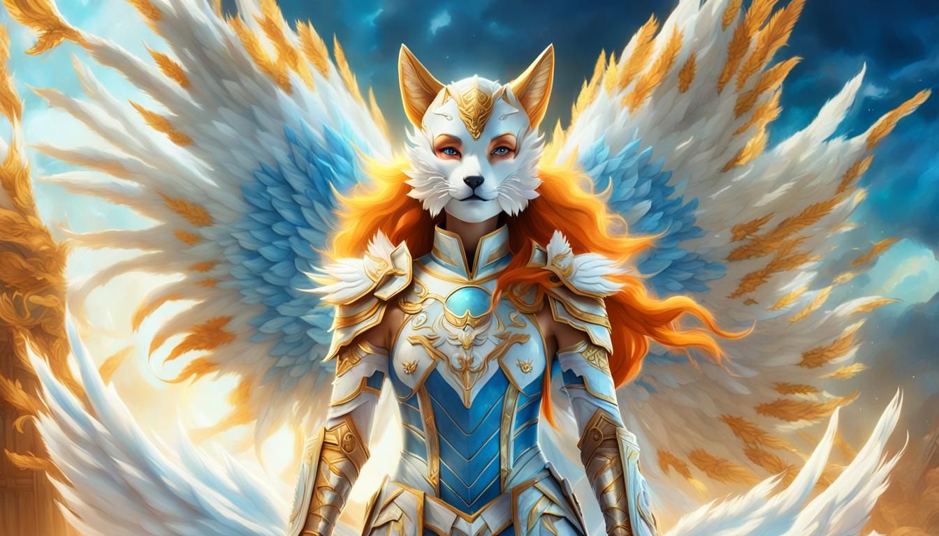 Angelic Kitsune Warrior in White Armor