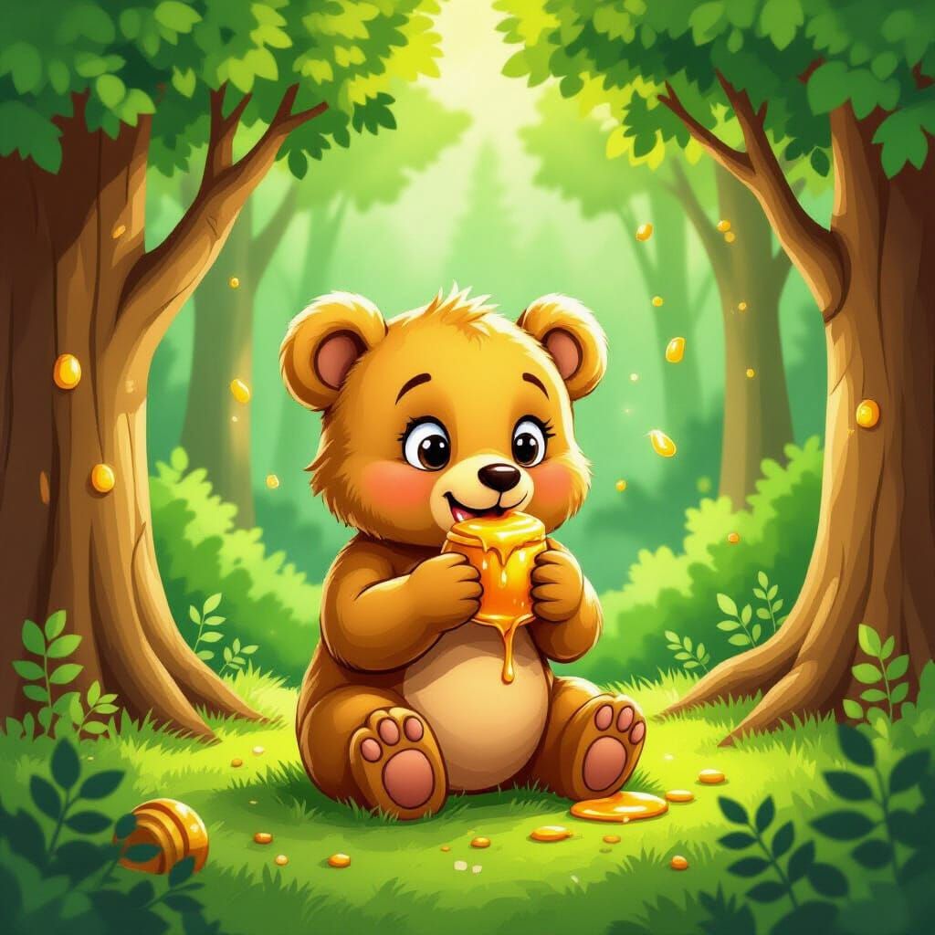 Golden Bear Cub in Enchanted Forest Illustration