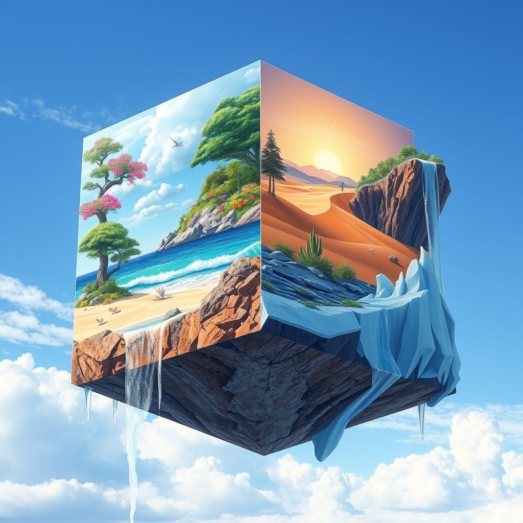 Surreal Floating Cube Island Showcases Diverse Nature Biomes...