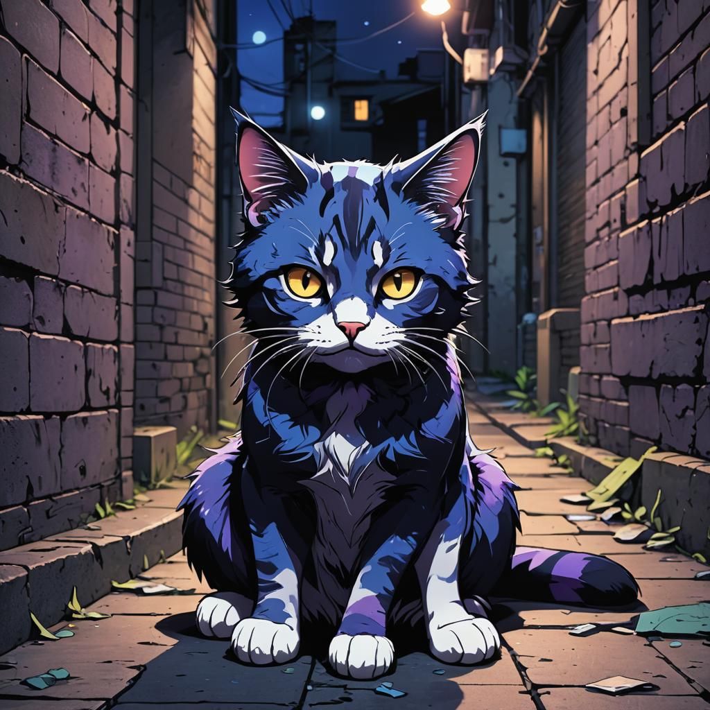 Emo Cat in Abandoned Alleyway: Vibrant Anime Art