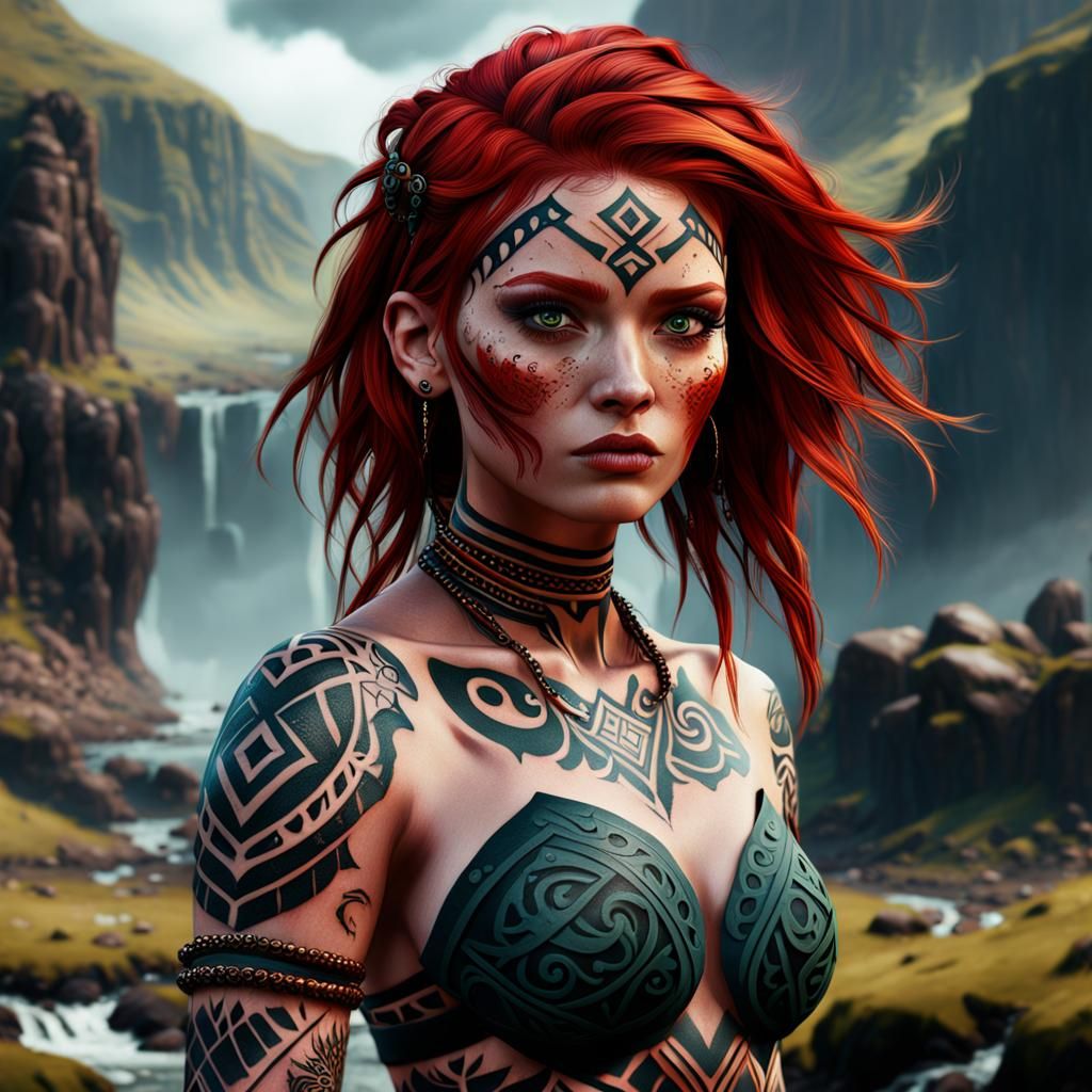 Red-Haired Scottish Girl with Tribal Tattoo