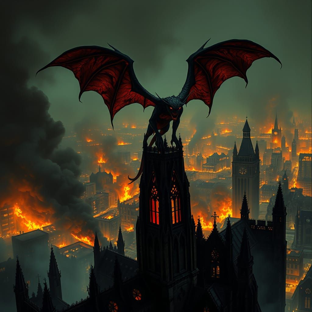 Grotesque Demon Overlooks Burning Metropolis in Gothic Cathe...