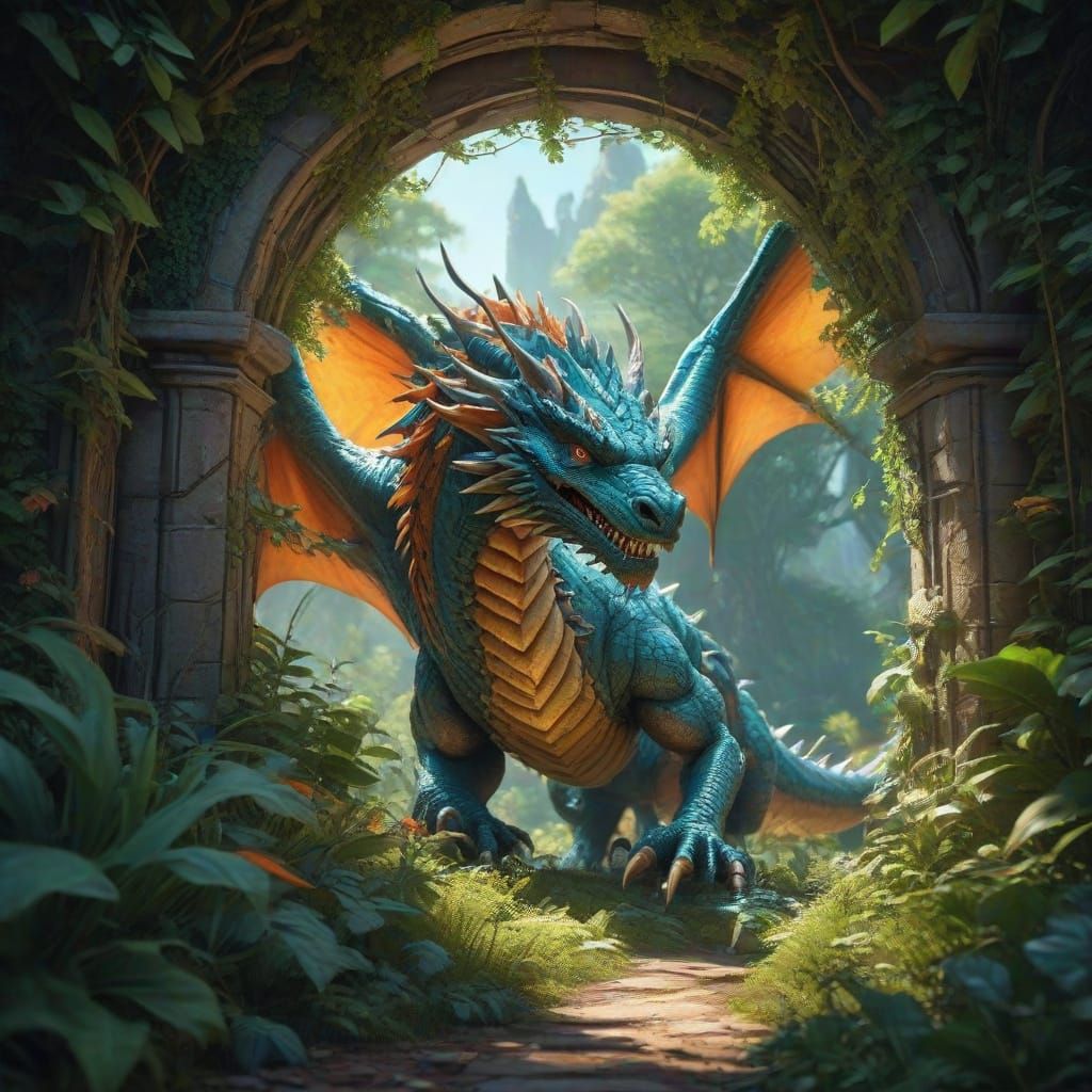 Mythical Dragon and Portal in Lush Fantasy Landscape