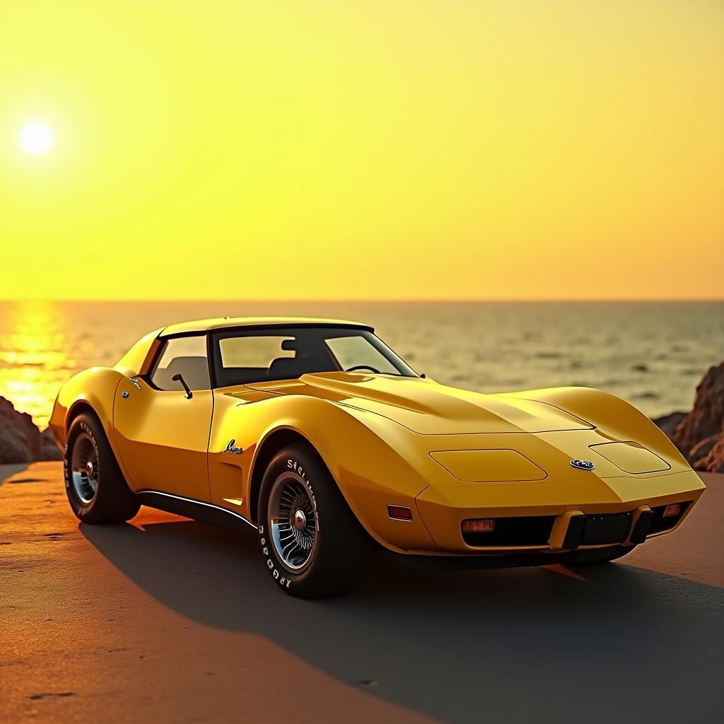 Yellow Corvette at Sunrise in Retrowave Style