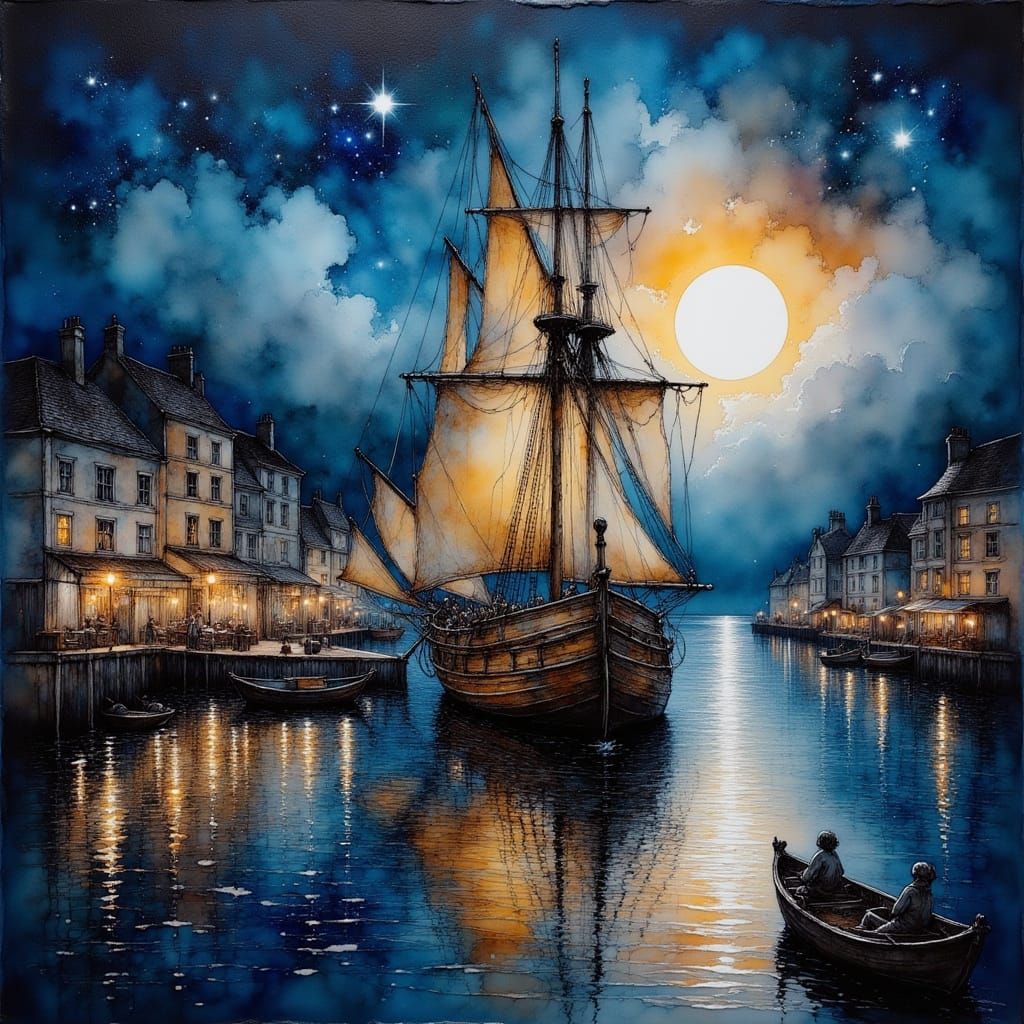 Ancient Harbour Scene with Sailing Ship in Warm Light